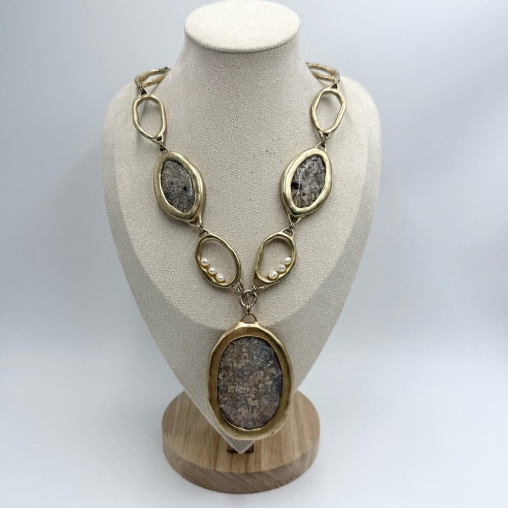 Chico's Gold Tone Marble Stones Faux Pearls Boho Statement Necklace
